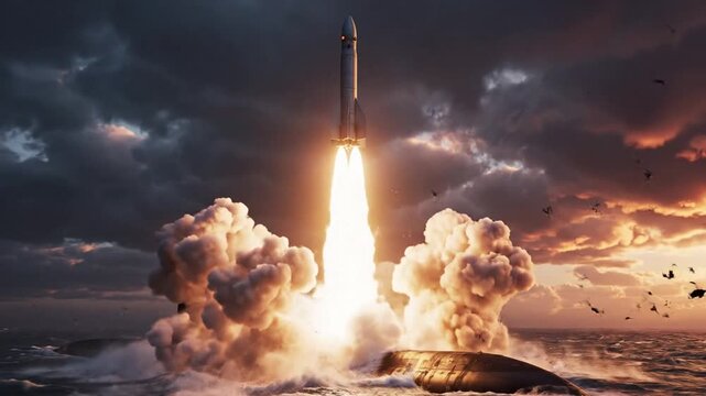 Cinematic slow-motion footage of a powerful nuclear submarine surfacing to launch a strategic ballistic missile from the deep ocean under a dramatic, stormy sky during a naval military operation.