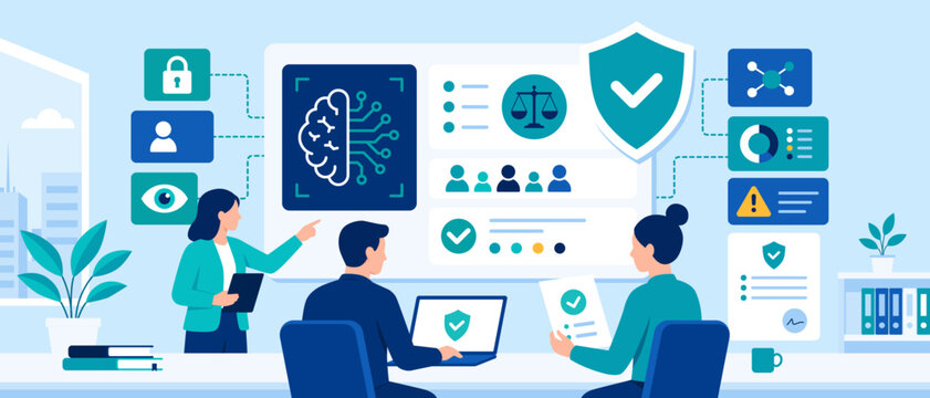AI Ethics Review Flat Illustration with Human Oversight Dashboard