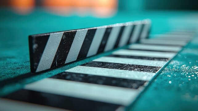 Film slate, wet surface, studio, blurry background, movie production