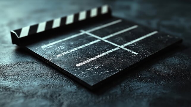 Filmmaking clapperboard on dark surface, close-up
