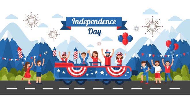Celebration of Independence Day with patriotic parade featuring flags fireworks and joyful children in scenic mountain landscape