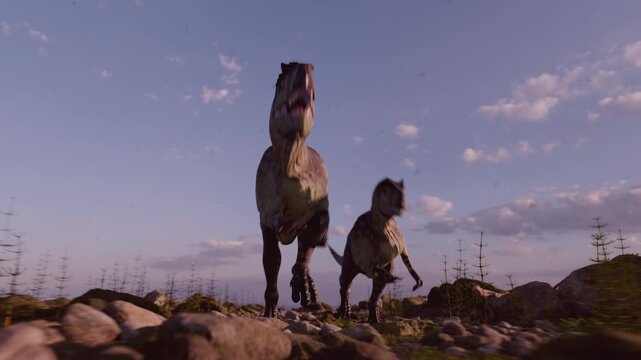 4k 3d animation of a pair of Allosaurus dinosaurs run across a rocky prehistoric plain under a vast, bright sky filled with soft clouds