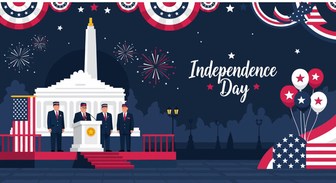 Celebrating Independence Day with a formal outdoor speech at the national monument under festive decorations and fireworks display