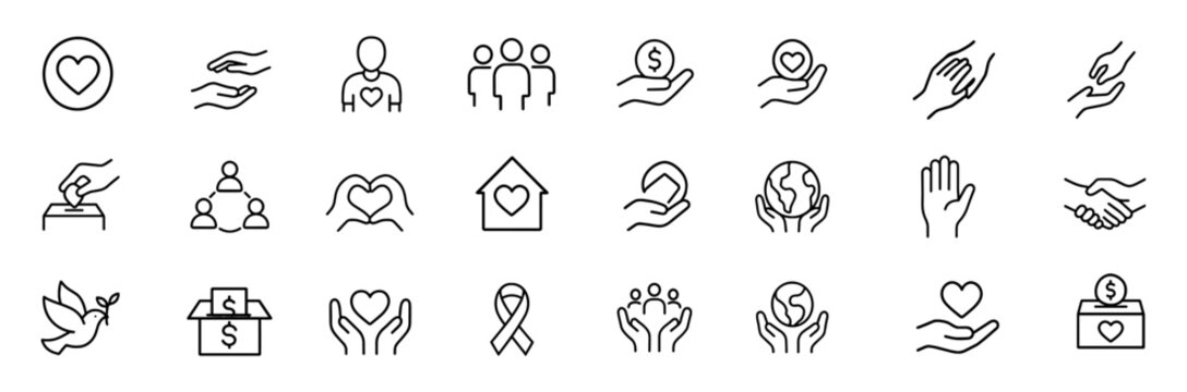 Charity donation icon collection, editable stroke vector of volunteer help, assistance, solidarity, sharing, humanitarian rescue and more, community support symbols, philanthropic network