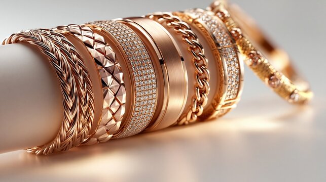 Mehrere goldene und ros&eacute;goldene Armb&auml;nder und Kettenarmb&auml;nder liegen nebeneinander auf wei&szlig;em Hintergrund.