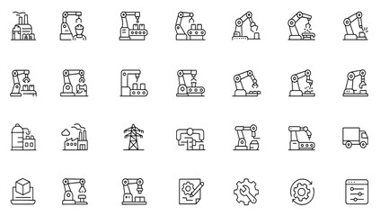 Industry automation & robotics icon set: editable stroke vector illustration featuring factory, assembly line, manufacturing machinery, conveyor belt, welding, engineering gears © Senoara Studio