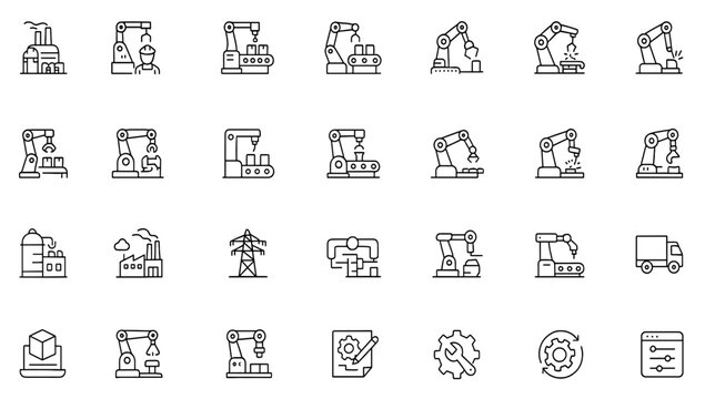 Industry automation & robotics icon set: editable stroke vector illustration featuring factory, assembly line, manufacturing machinery, conveyor belt, welding, engineering gears