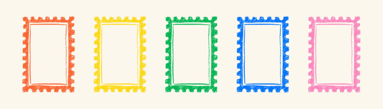 Hand drawn pencil, crayon, pastel, chalk postal stamp rectangle frame, badges, label, tags. Kid photo, picture, watercolor painting frame. Scrapbook collage design element. Doodle handwritten scribble
