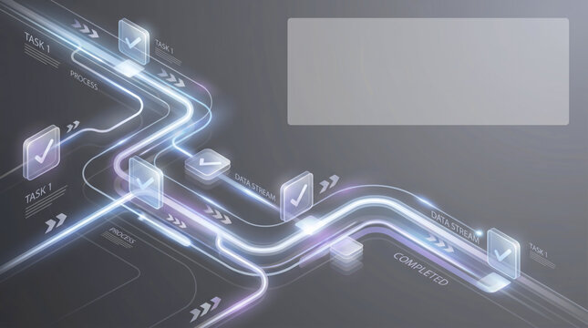 Project management saas corporate productivity tools showing digital workflow automation with task completion checkmarks on futuristic isometric dashboard interface for business efficiency.