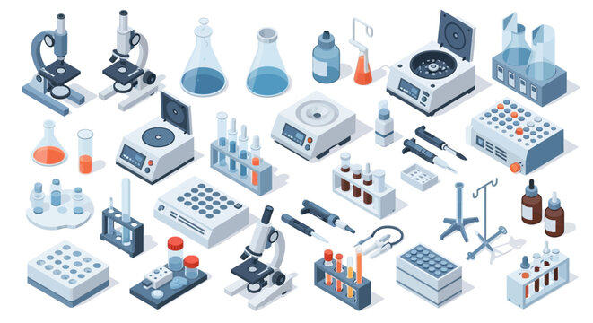 A comprehensive collection of laboratory equipment, including microscopes, centrifuges, pipettes, and glassware, arranged in a detailed isometric illustration.