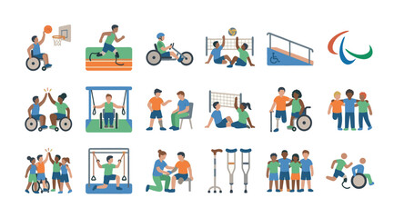 Fototapeta premium A diverse collection of flat vector illustrations depicting people with disabilities participating in various sports, celebrating inclusivity and adaptive athleticism.