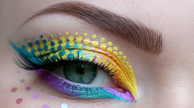 Nahaufnahme eines blauen Auges mit aufwendigem buntem Make-up in Gelb, T&uuml;rkis und Lila mit Glitzersteinen.