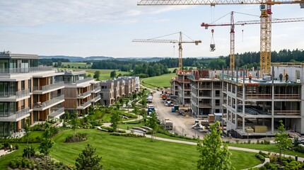 Fototapeta premium Modern apartment complex construction with cranes in green landscape