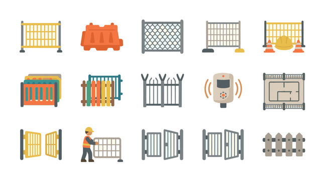 Collection of flat design icons depicting various types of construction fencing, barriers, and a worker, ideal for safety and urban planning concepts.