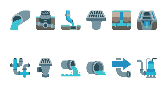A collection of flat design icons illustrating various aspects of drainage systems, including pipes, grates, water flow, and pumps, in blue and gray tones.