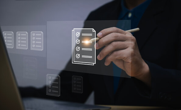 Businessmen review procedures through documents containing checkbox lists, rules of conduct concepts, rules and policies, company regulatory documents, terms and conditions