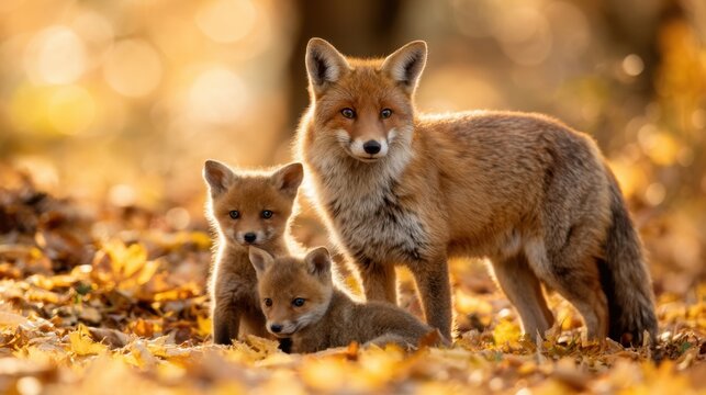 Red fox adult standing beside two kits in autumn woodland