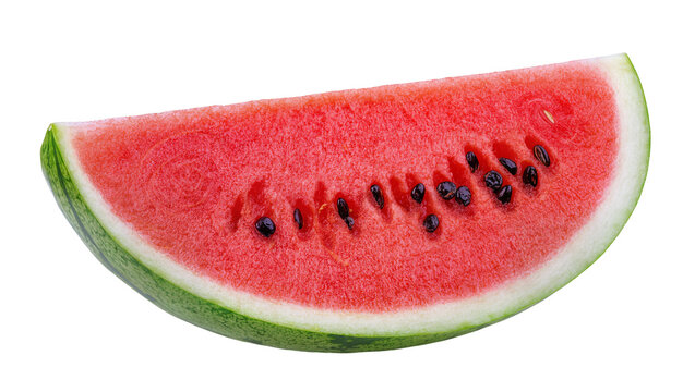 Red juicy watermelon slice with dark seeds and green rind