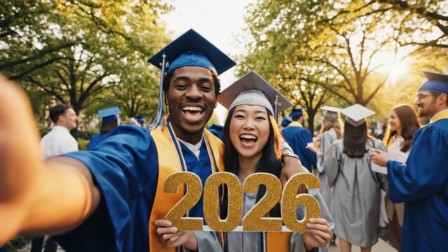 African American male and Asian female graduates in caps and gowns joyfully pose with a golden 2026 sign during a sunny outdoor graduation ceremony surrounded by peers