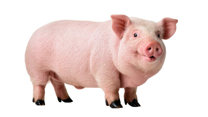 Pink domestic pig standing with dark hooves and curled tail © Johanna