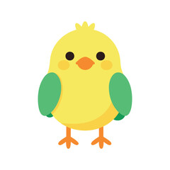 Fototapeta premium Cartoon bird with lemon plumage, orange legs, and green wings stands against a white background, facing forward in a symmetrical composition.