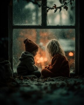 Sad boy and girl sitting by the window on Christmas morning