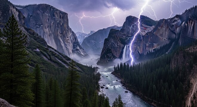 Dramatic Lightning Strike Over Yosemite Valley Waterfall and River