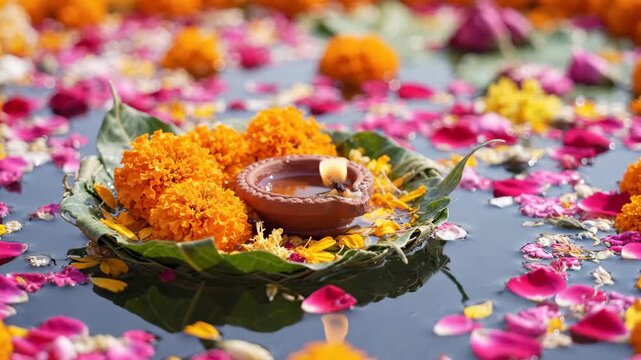 Vibrant diya floats on the ganges with marigolds for spiritual cleansing during ganga dussehra.