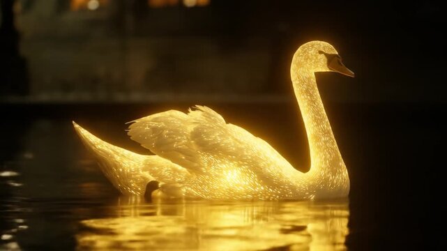 Golden swan swims on water at night reflecting ambient light