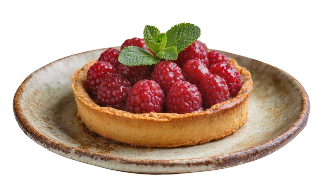 Raspberry tart on rustic ceramic plate with fresh mint garnish
