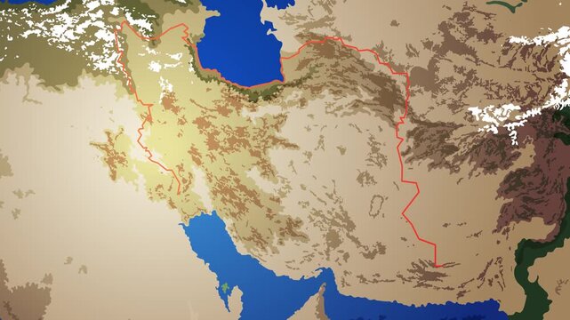 Animated map showing growth of Iran's borders and highlighting Tehran with zoom.