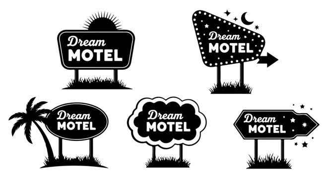 Collection of Black and White Vector Illustrations of the 'Dream Motel' Signage, evoking retro and nostalgic roadside attraction vibes