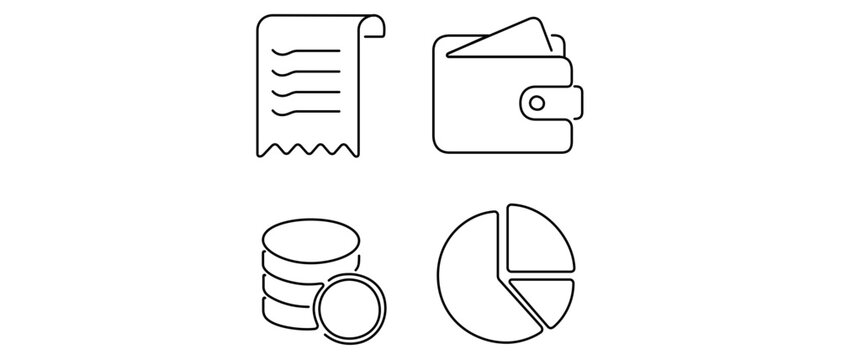 Vector icon set collection of 4 minimalist line art icons for finance and legal expense tracking including a receipt, wallet with credit card, stack of coins, and a data pie chart graphic.