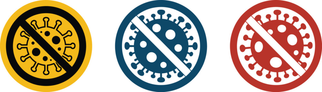 No, bacteria icon set with prohibition circle slash in yellow blue and red, hygiene and cleaning symbols, anti germ and sanitation concept, flat vector graphics for healthcare, public awareness, 