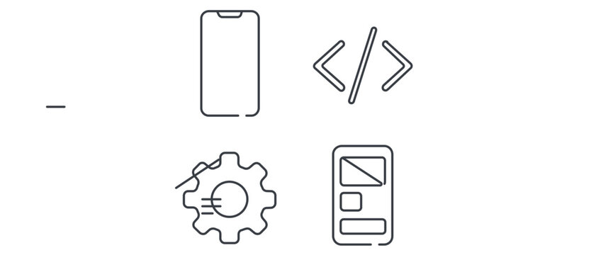Mobile App Development and Software Engineering Vector Icon Set with Editable Stroke. Collection of 4 Icons: Smartphone, Coding Brackets, Gear Settings, and UI Wireframe for Tech and Web Design.