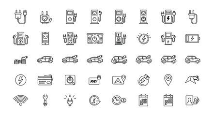 Fototapeta premium Electric vehicle charging icons set flat black vector symbols
