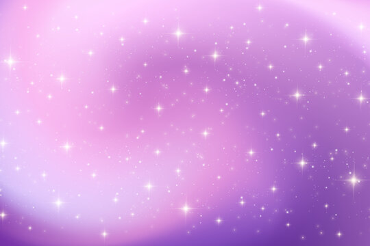 Starry night sky background with purple and pink galaxy colors. Cosmic space backdrop featuring violet gradients, twinkling starlight and dreamy celestial atmosphere. Vector illustration