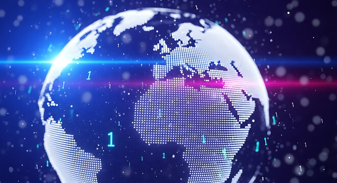 Global digital technology network concept with earth globe and binary code technology connection communication internet information electronic infrastructure