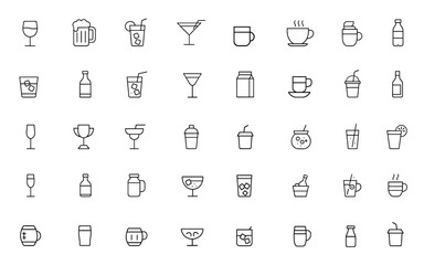 Obraz premium Beverage and Drink Icon Set, Editable Stroke Vector Illustration. Includes wine, beer, cocktail, juice, tea, coffee, soda, water, bottle, glass, food, bar, cup, party, minimal pack
