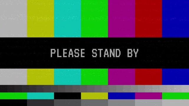 Please stand by text horizontal static noise and glitch effect with color pattern background. 4K animation video