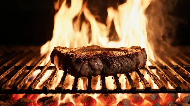 Thick beef steak grilling on open flame barbecue grill