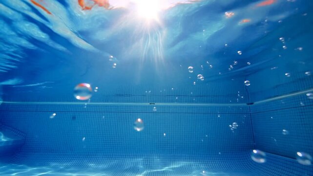 Slow motion static shot of underwater pool with rising bubbles and sunlight through surface