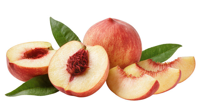 Ripe juicy peaches with green leaves and sliced segments