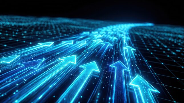 Blue glowing arrows on a digital grid symbolizing strategic direction and change management.