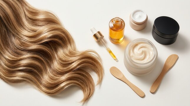 A variety of hair care products including hydrating masks, nourishing shampoos, and organic oils next to wavy hair.