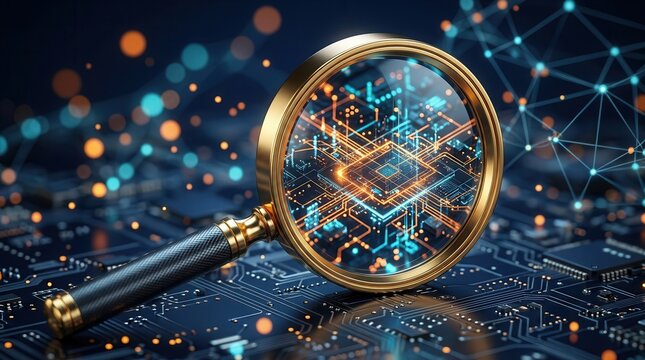 Magnifying glass inspecting a circuit board with glowing orange lights for digital investigation.