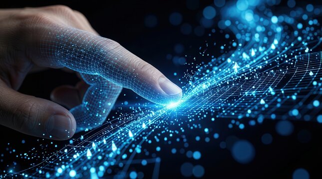 A human finger interacting with glowing data points on a dark surface for data governance and stewardship.