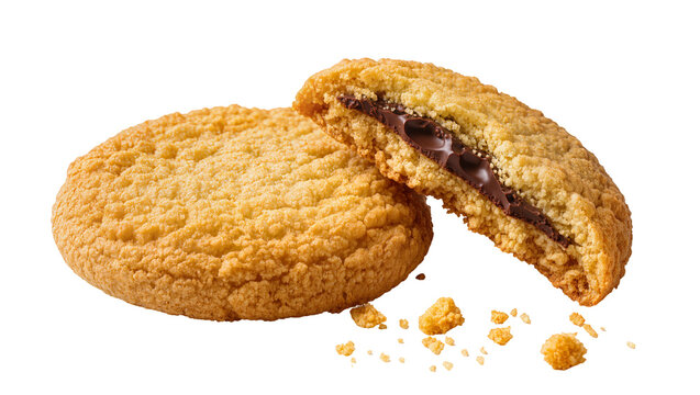Chocolate chip cookie with broken piece and crumbs scattered nearby