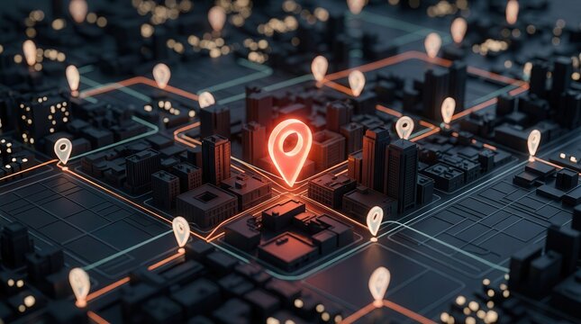 Stylized miniature city model illustrating geofencing technology with glowing geo pins.
