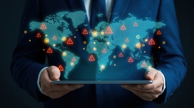 Businessperson assessing geopolitical risks and global instability using a digital world map with warning icons.